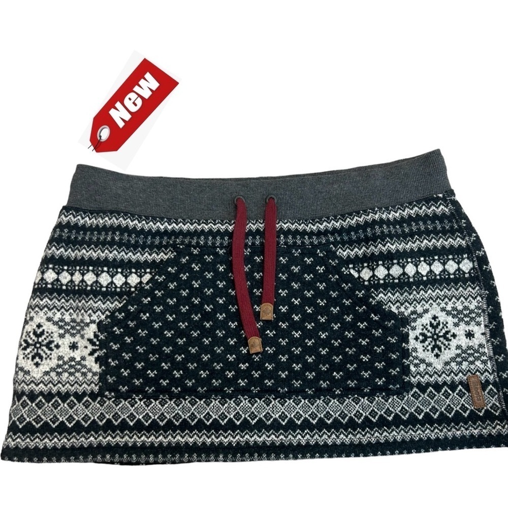 Roots Denyse gray printed knit drawstring mini skirt kangaroo pocket Sz XL NWT